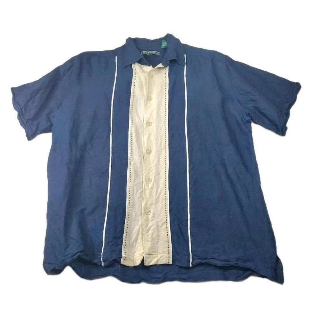 Cubavera Linen Shirt Mens Medium Navy Blue And White Short Sleeves Button Down